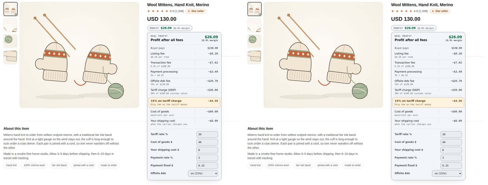 Screenshot of Etsy Fee & Tariff Calculator