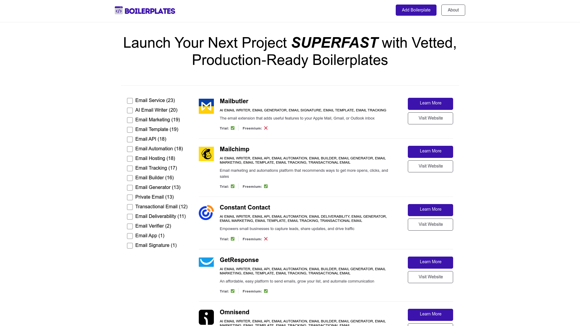Screenshot of Boilerplates.com