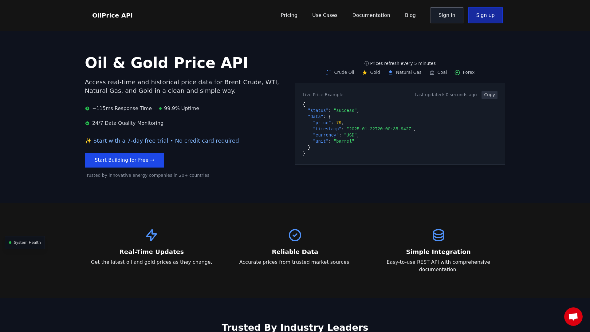 Screenshot of OilPrice API