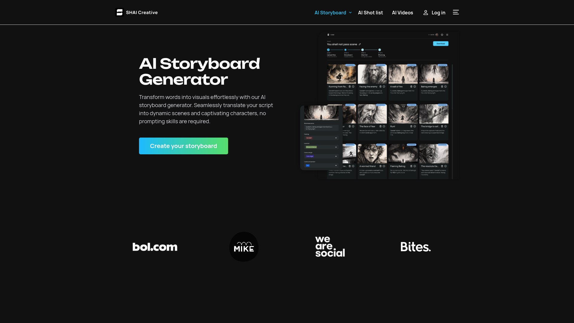 Screenshot of Shai - AI Storyboard Generator
