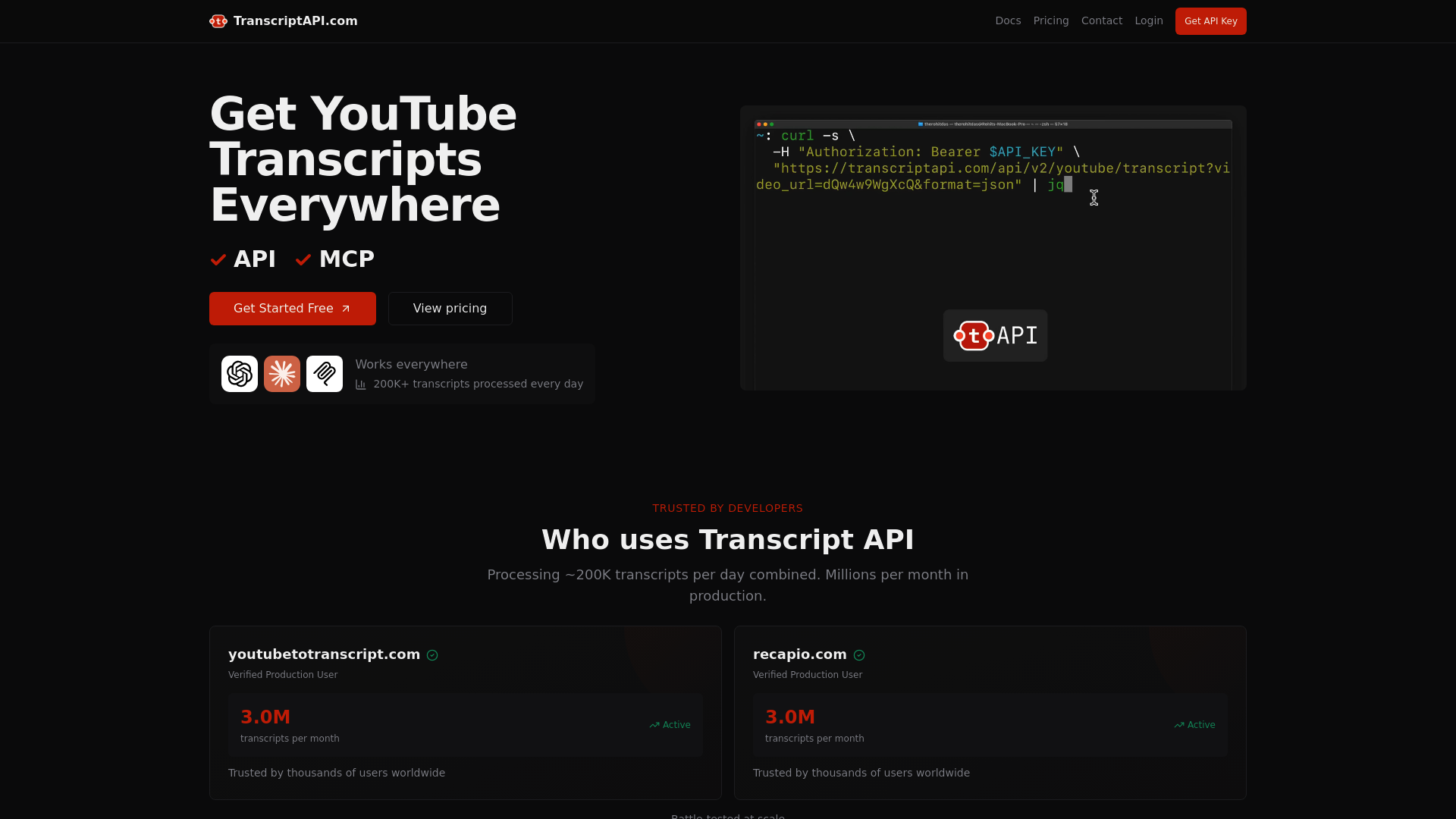 Screenshot of TranscriptAPI empowers your workflows, automations and AI Agents with content from Youtube videos. Fast API, developer friendly, highest transcript delivery rate in the market.